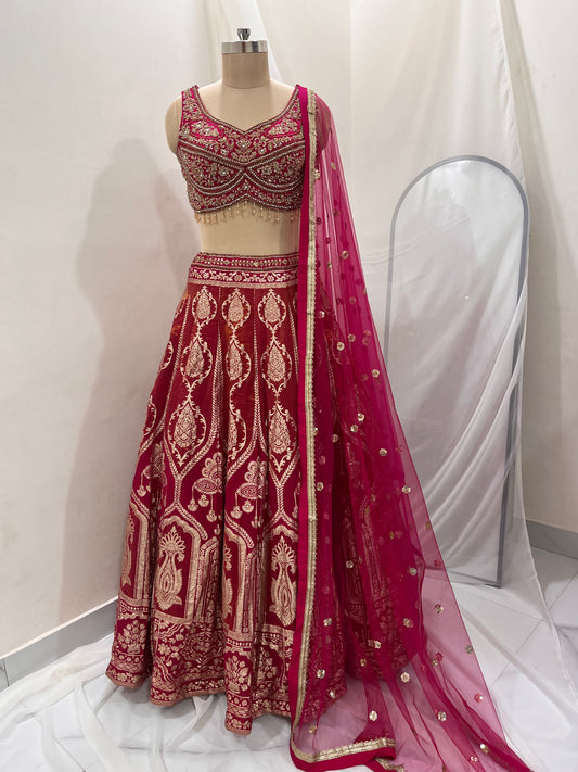 Rani Pink Zari Embroidered Lehenga Set