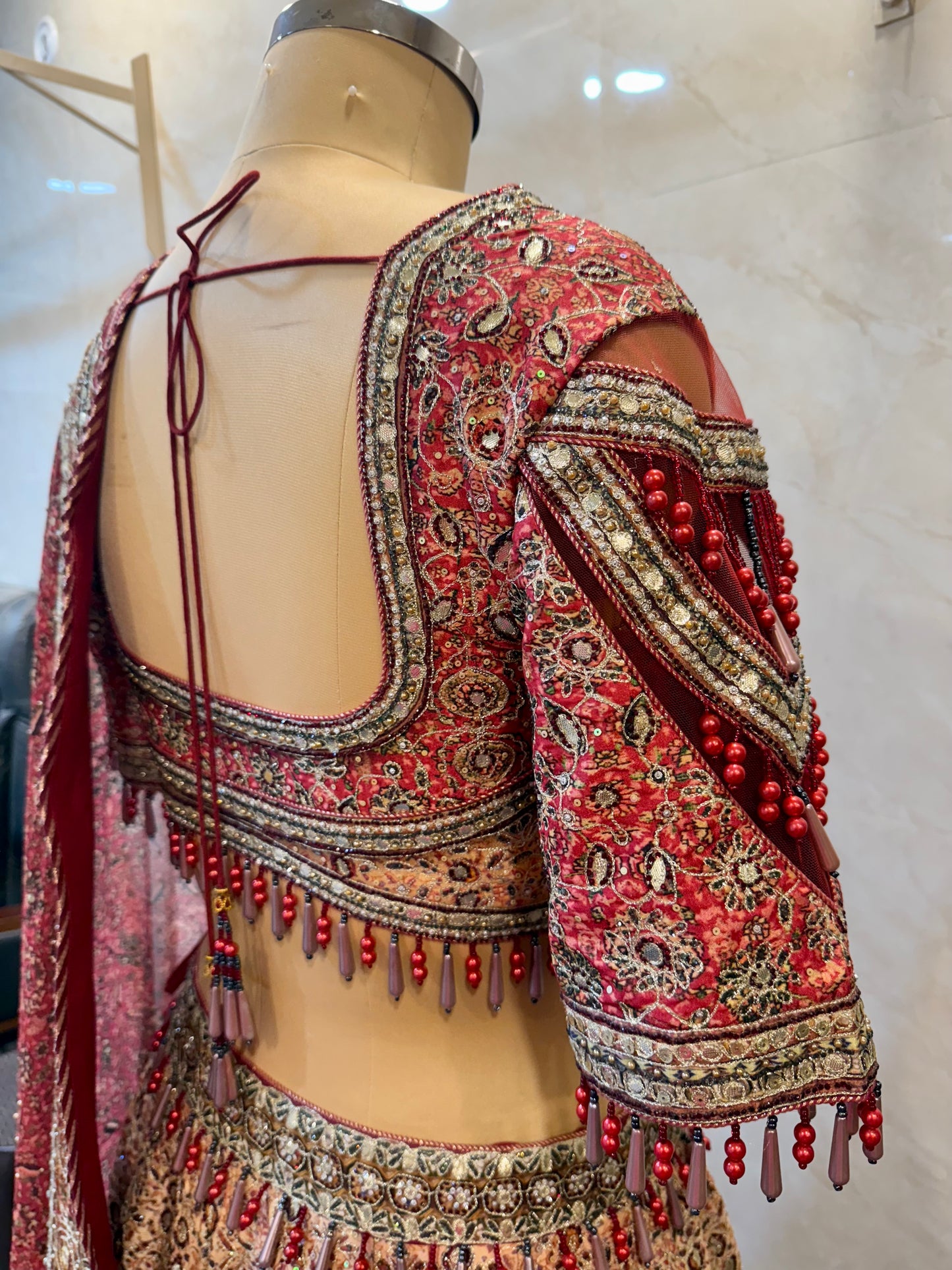 Red & Beige Silk Lehenga Set