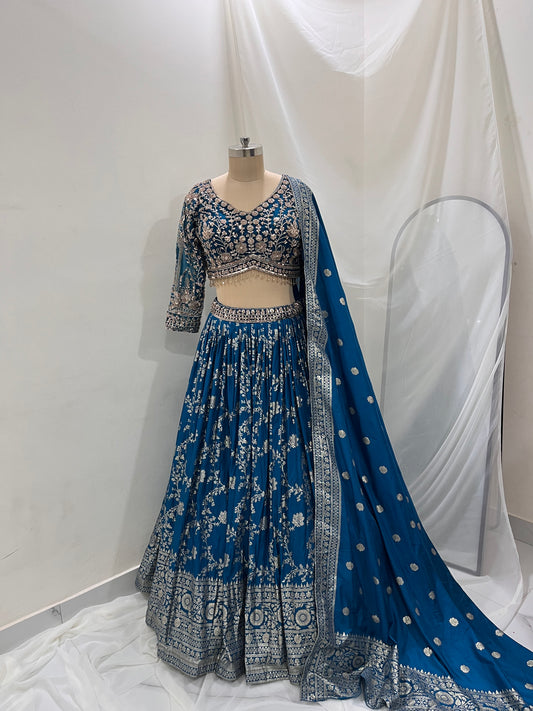 Blue Zari Embroidered Lehenga Set
