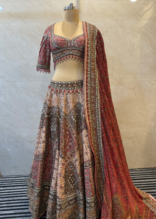 Red & Beige Silk Lehenga Set