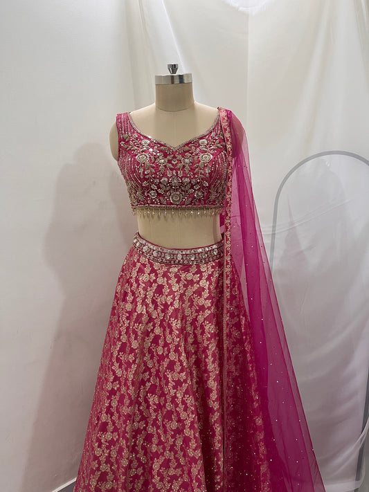 Rose Pink Zari Embroidered Lehenga Set
