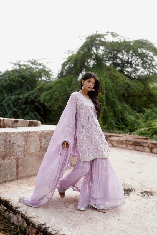 Mirror Embellished Lilac Georgette Sharara