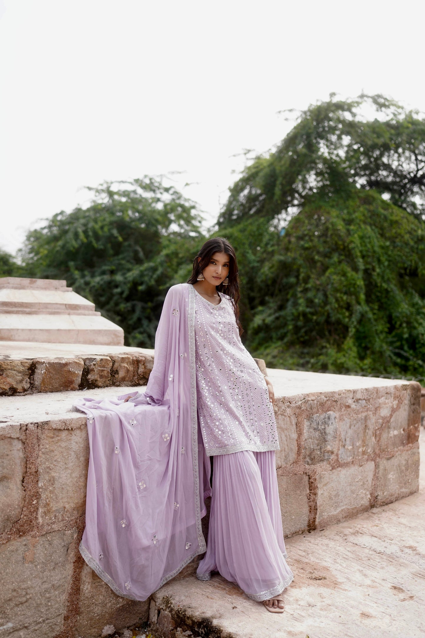 Mirror Embellished Lilac Georgette Sharara