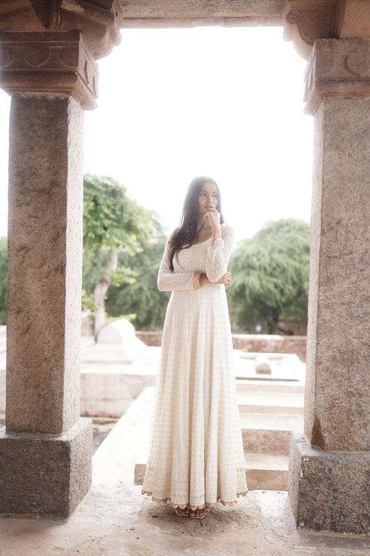 White Chikankari Georgette Anarkali Set