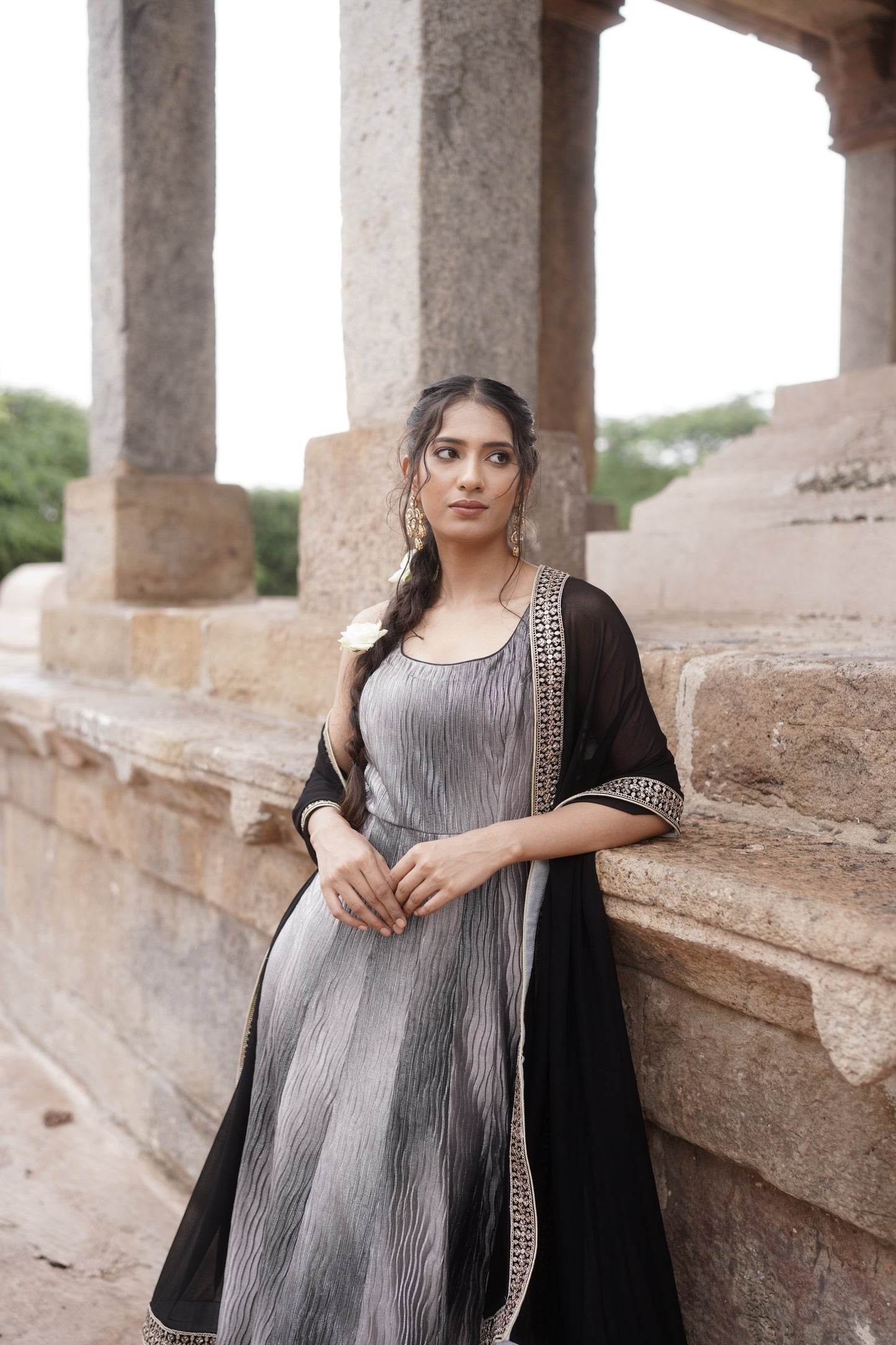 Black Lycra Anarkali Dupatta Set