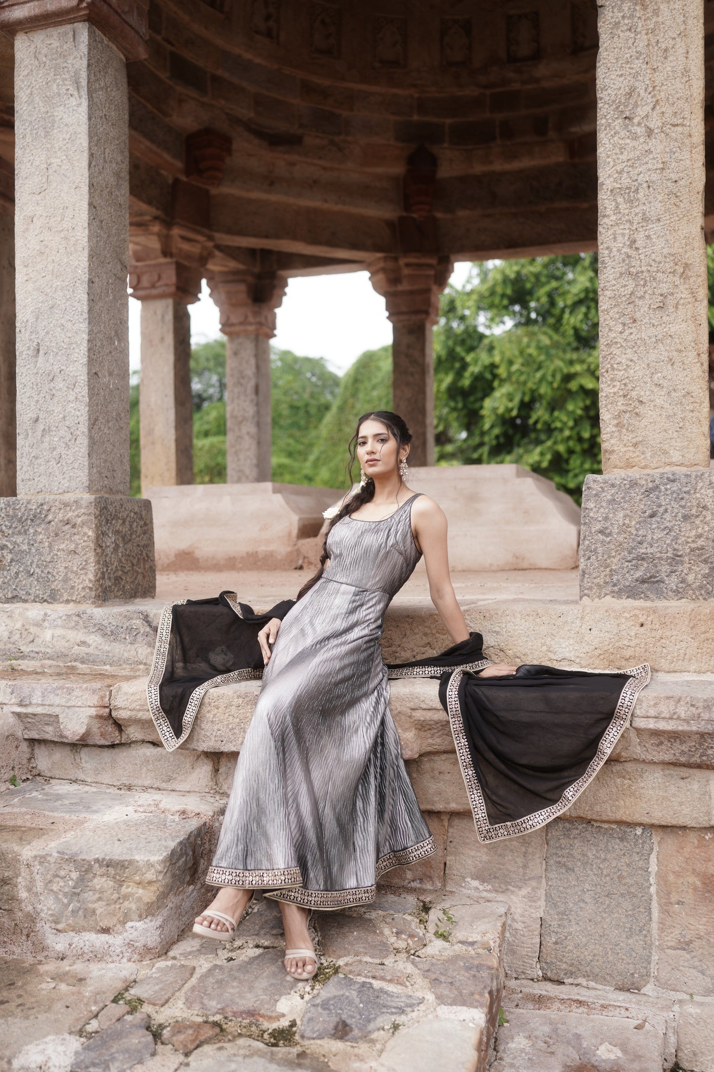 Black Lycra Anarkali Dupatta Set