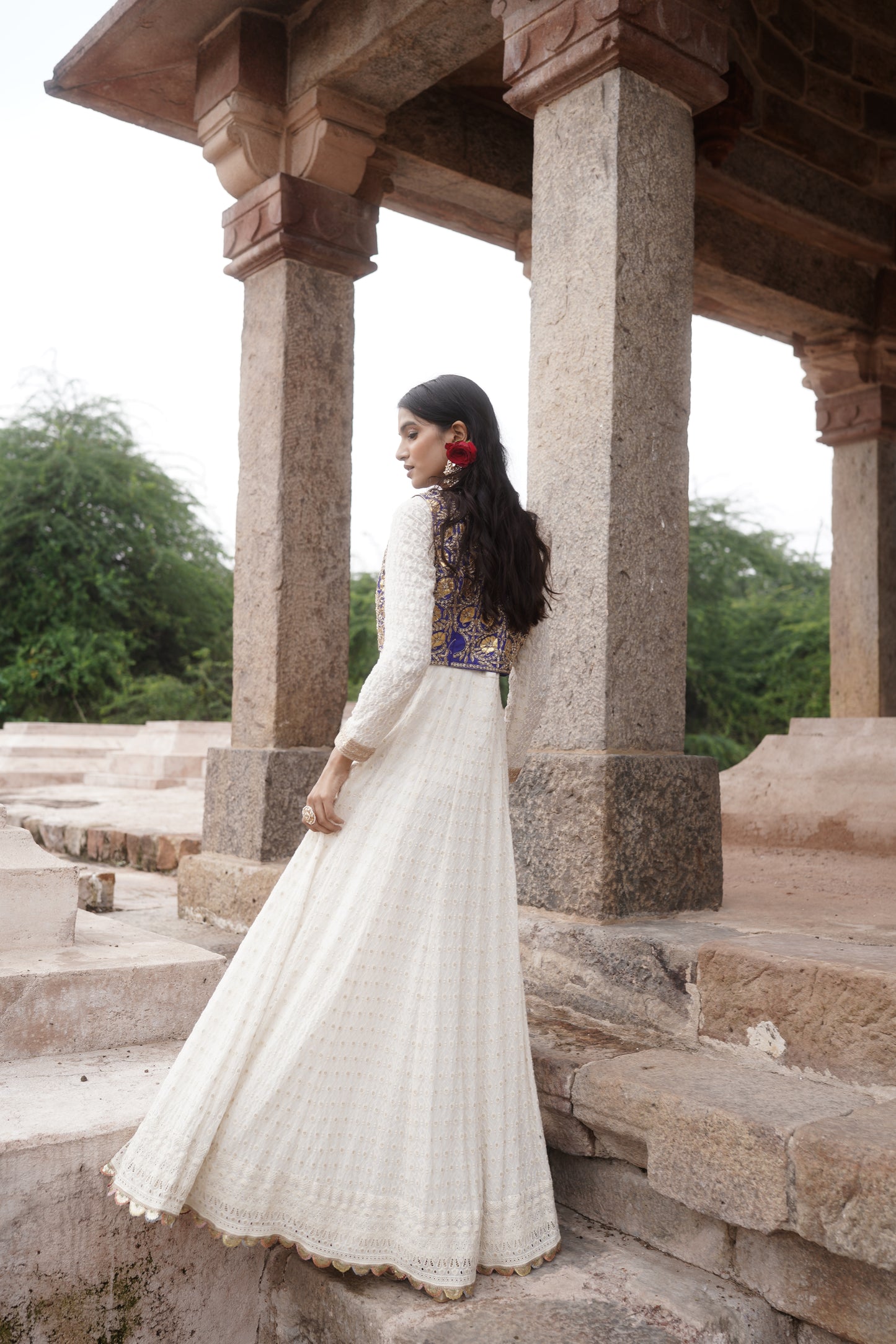 White Georgette Chikankari Anarkali Gotapatti Jacket Set
