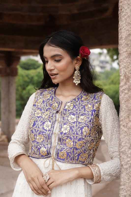 White Georgette Chikankari Anarkali Gotapatti Jacket Set