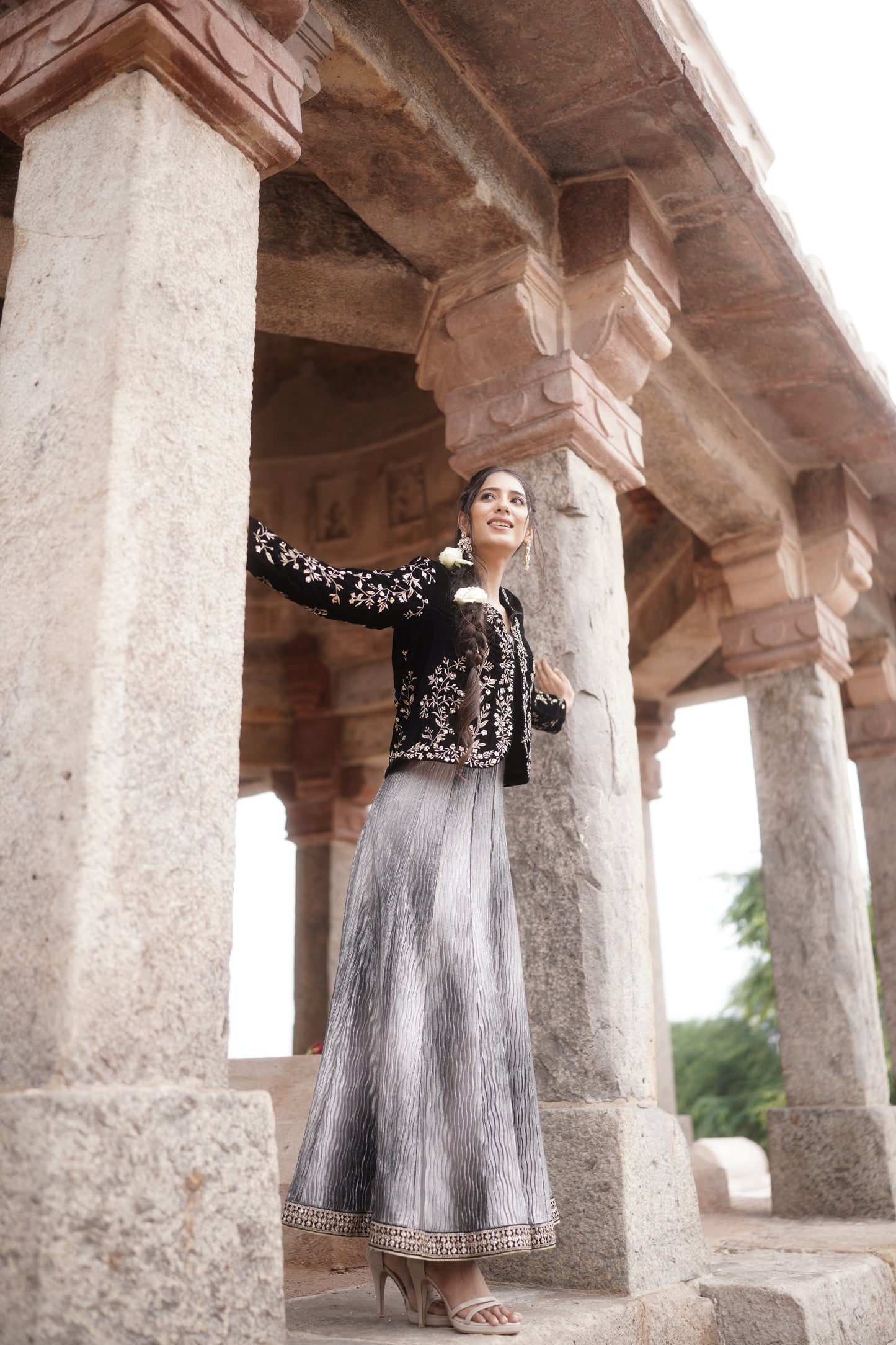 Black Lycra Anarkali Jacket Set