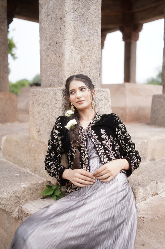 Black Lycra Anarkali Jacket Set