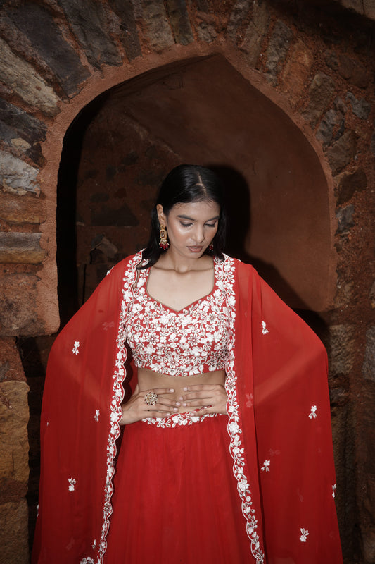 Red Georgette Resham Embroidered Lehenga Set
