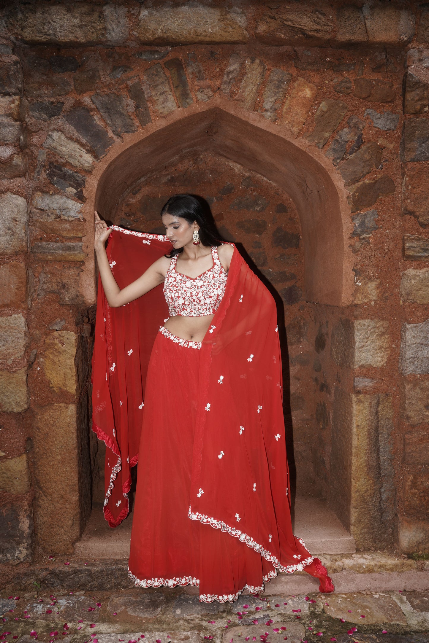 Red Georgette Resham Embroidered Lehenga Set