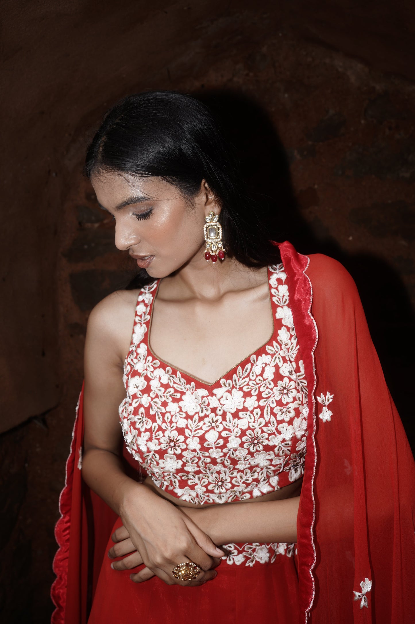 Red Georgette Resham Embroidered Lehenga Set