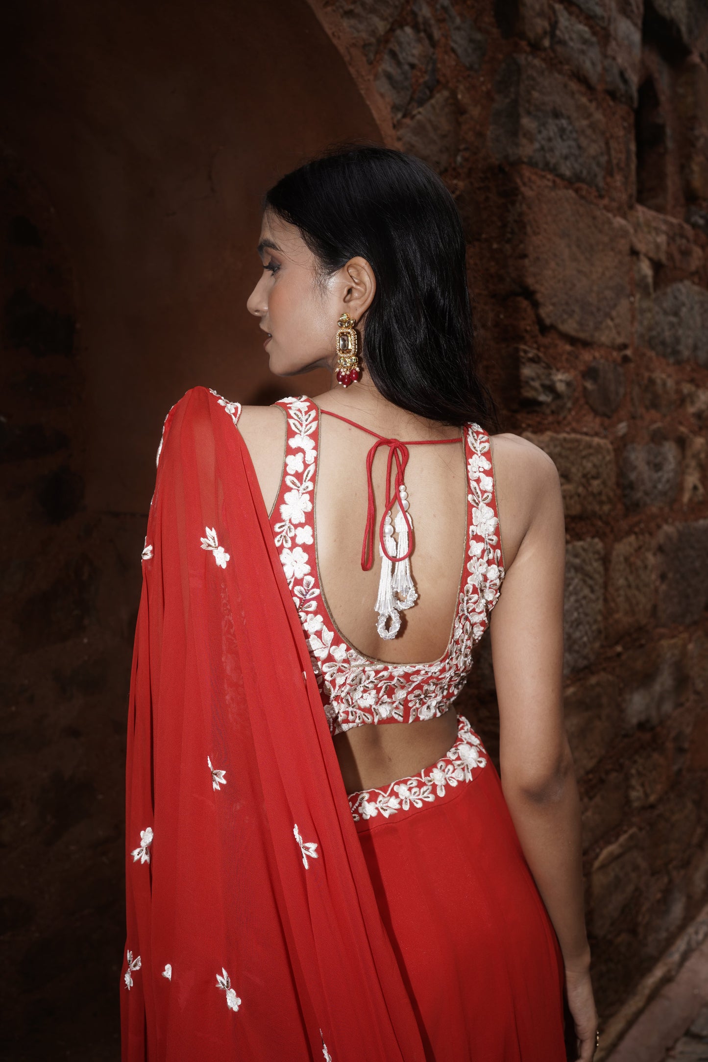 Red Georgette Resham Embroidered Lehenga Set