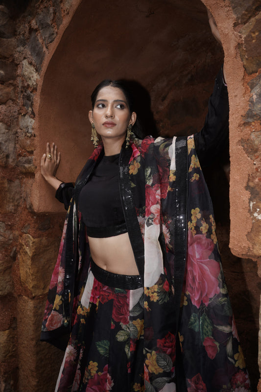 Black Floral Organza Lehenga Set