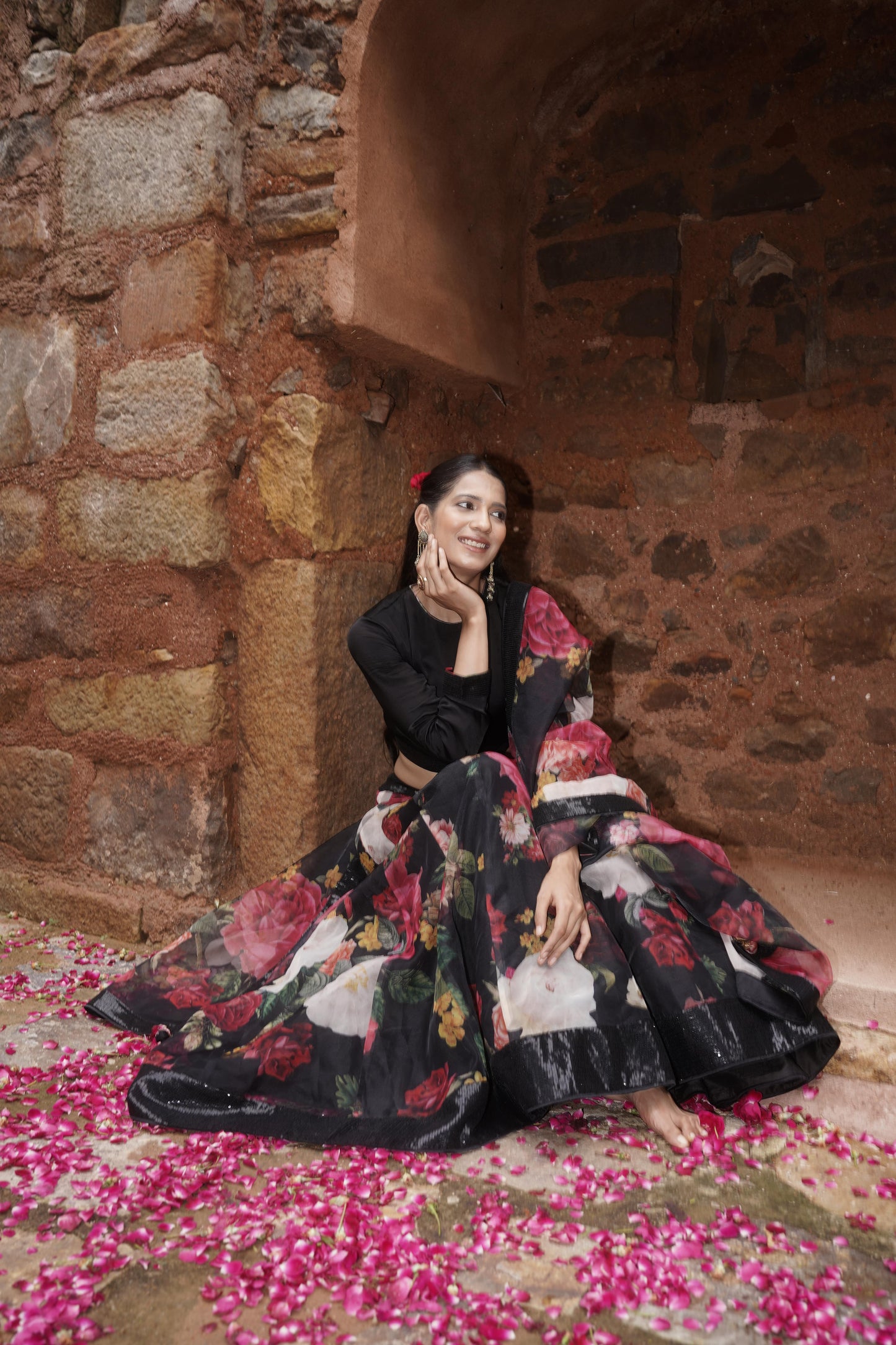 Black Floral Organza Lehenga Set