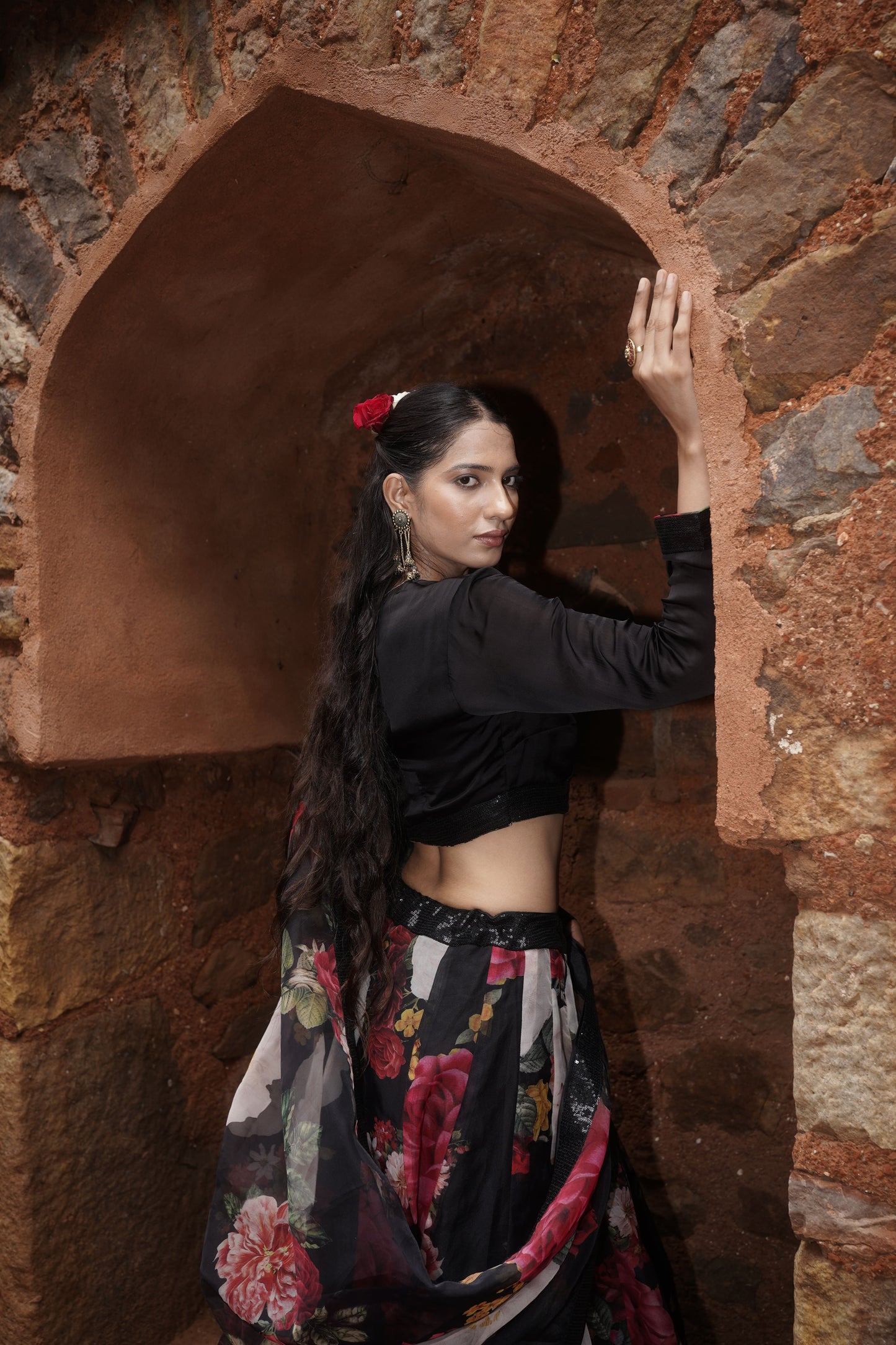 Black Floral Organza Lehenga Set