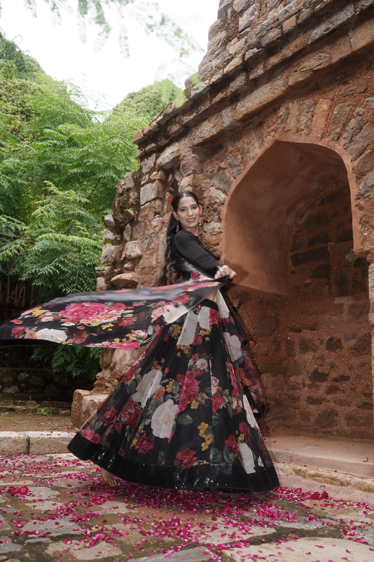 Black Floral Organza Lehenga Set