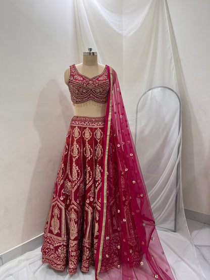 Rani Pink Zari Embroidered Lehenga Set