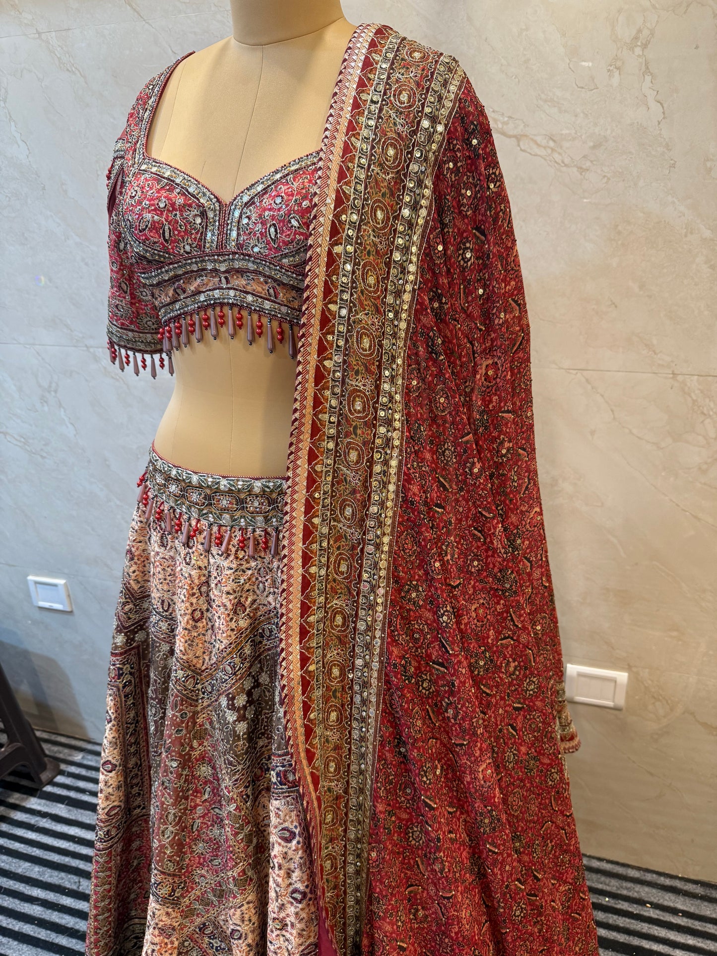 Red & Beige Silk Lehenga Set