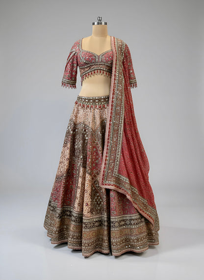 Red & Beige Silk Lehenga Set