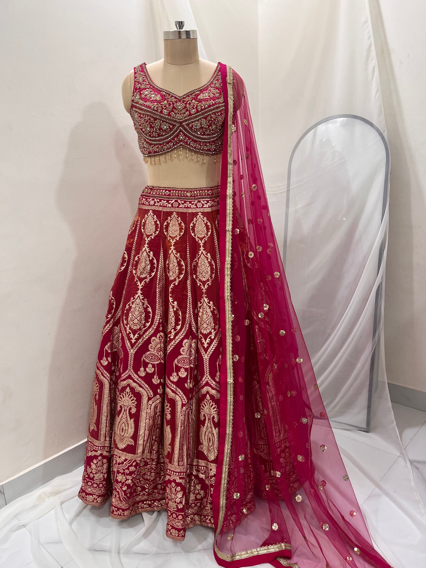 Rani Pink Zari Embroidered Lehenga Set