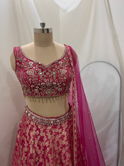 Rose Pink Zari Embroidered Lehenga Set