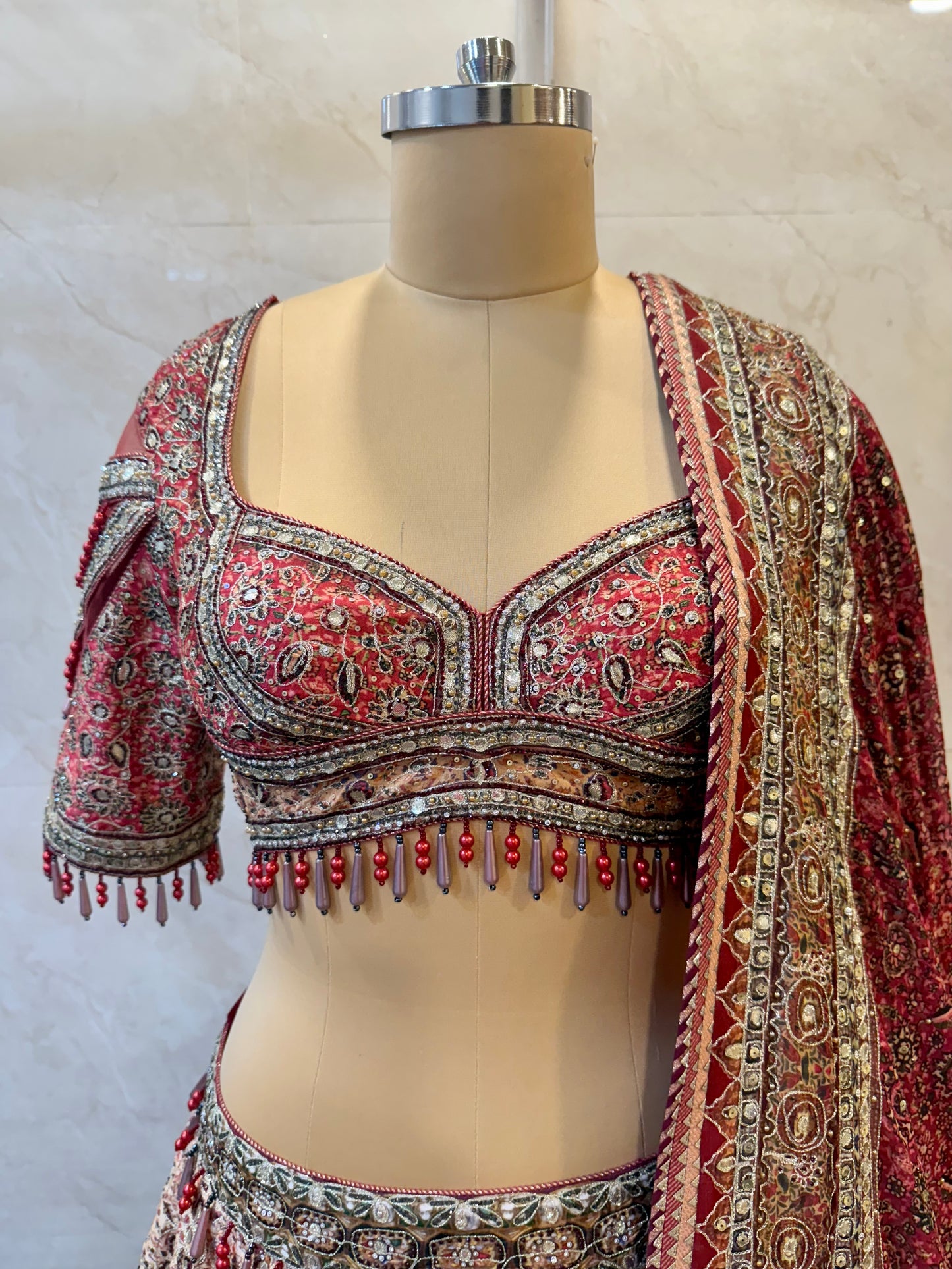Red & Beige Silk Lehenga Set