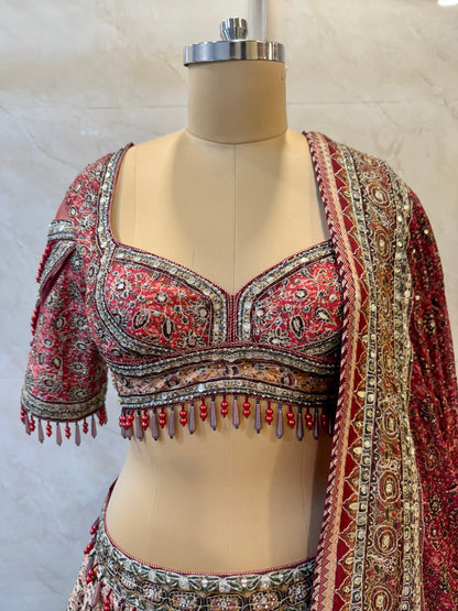 Red & Beige Silk Lehenga Set