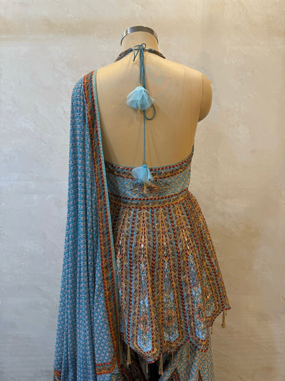 Blue & Yellow Silk Sharara Set