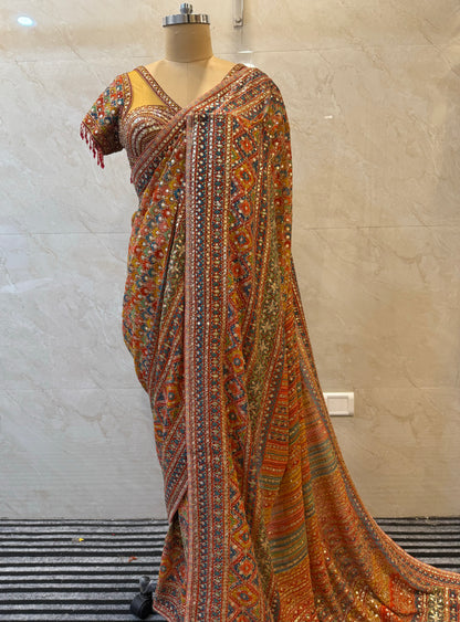 Yellow Multicolor Georgette Saree