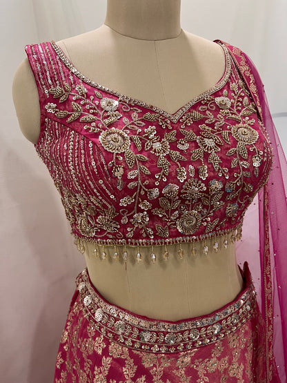 Rose Pink Zari Embroidered Lehenga Set