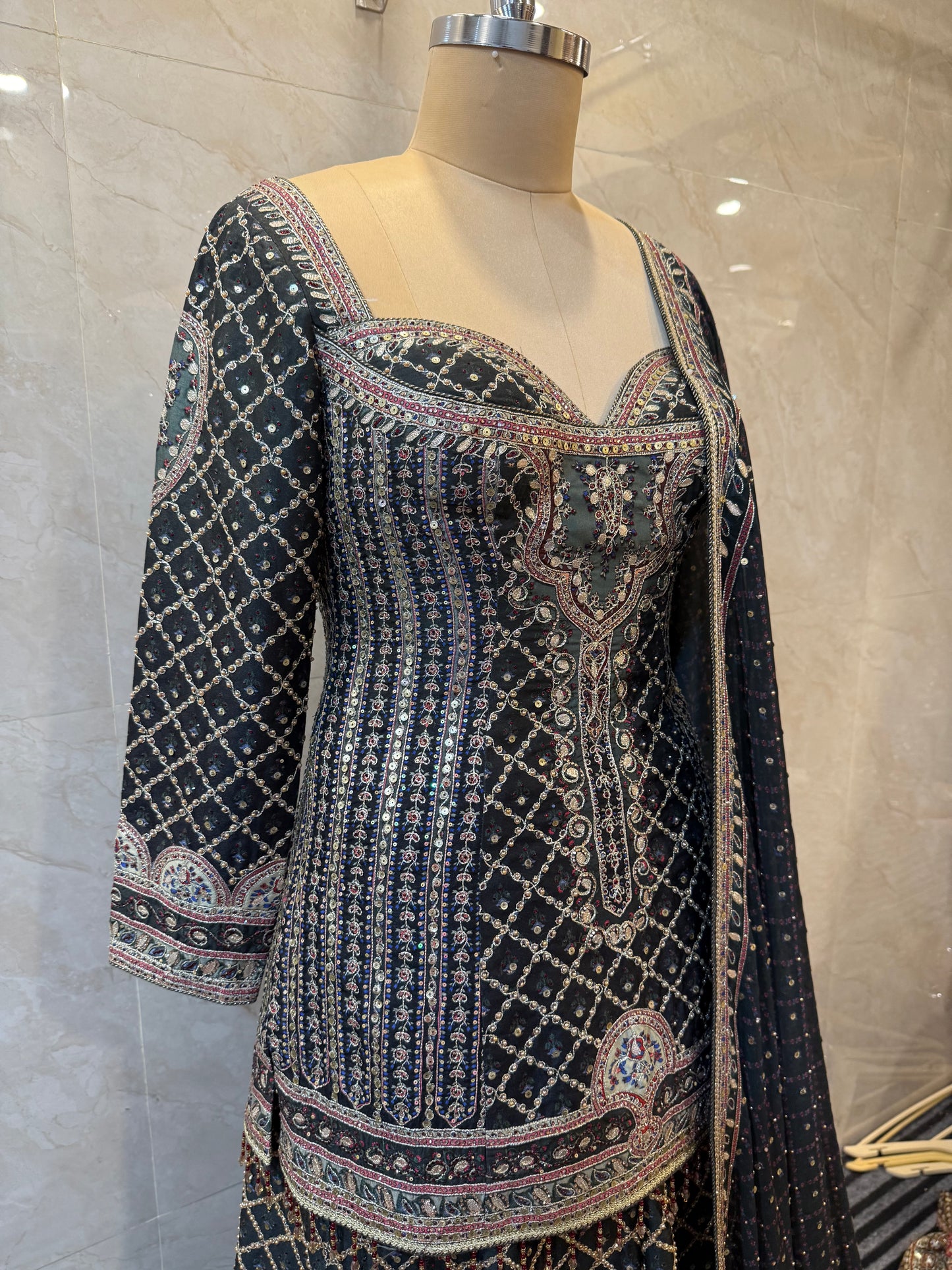 Black Silk Sharara Set