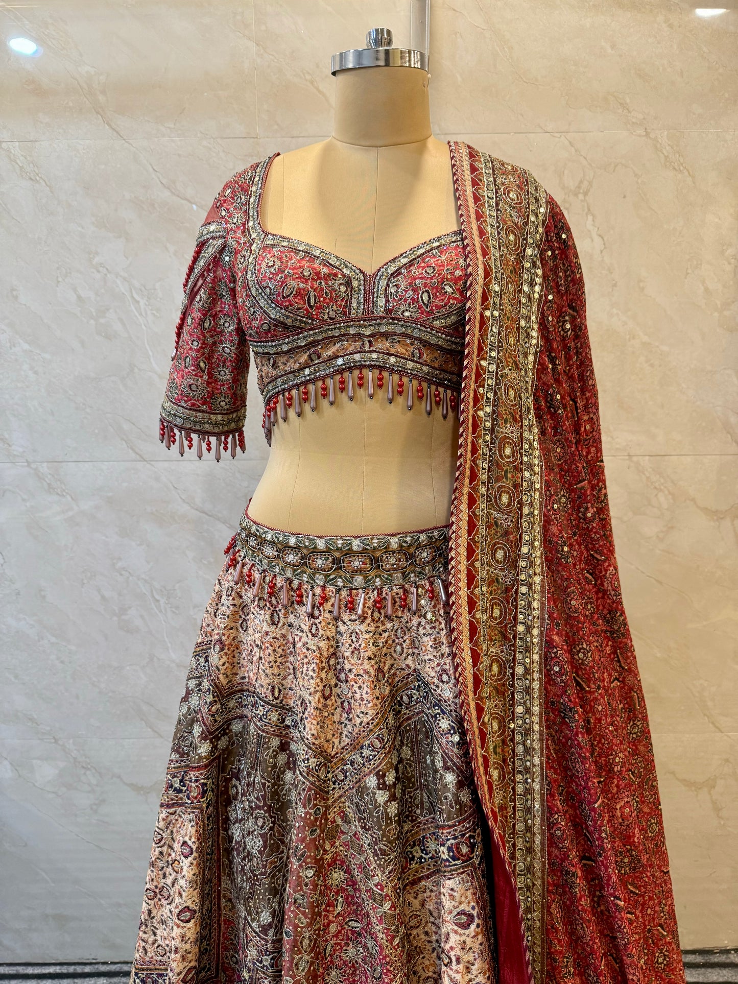 Red & Beige Silk Lehenga Set