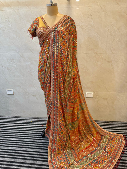 Yellow Multicolor Georgette Saree
