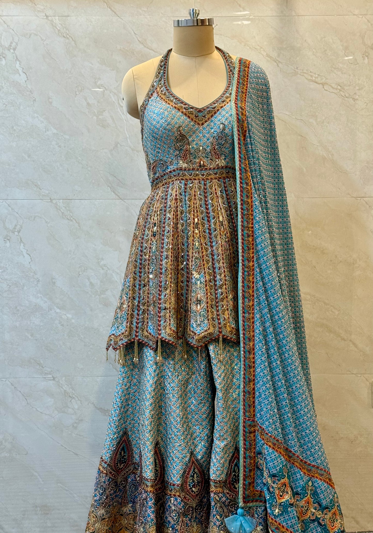Blue & Yellow Silk Sharara Set