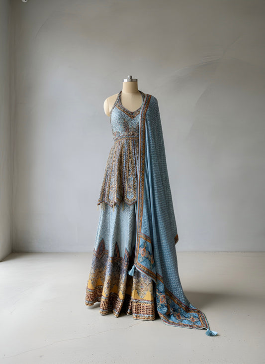 Blue & Yellow Silk Sharara Set