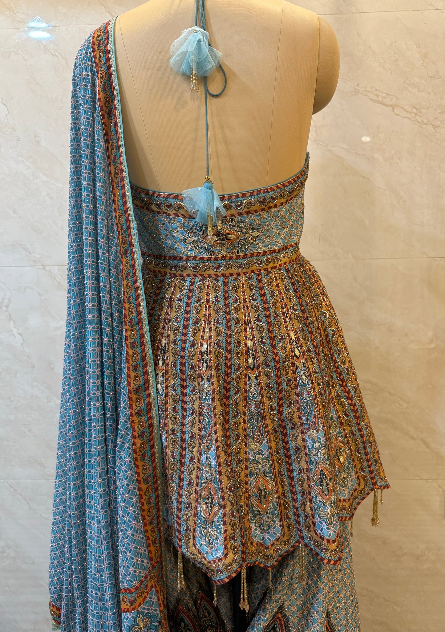 Blue & Yellow Silk Sharara Set