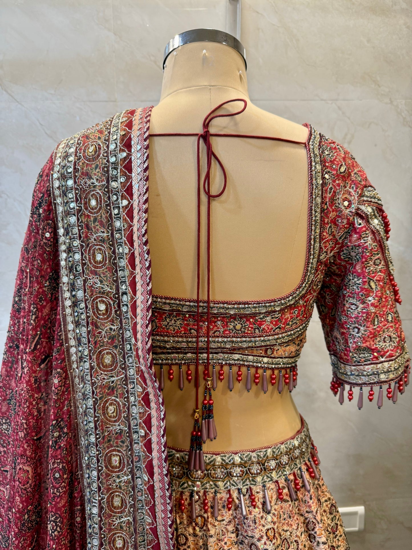 Red & Beige Silk Lehenga Set