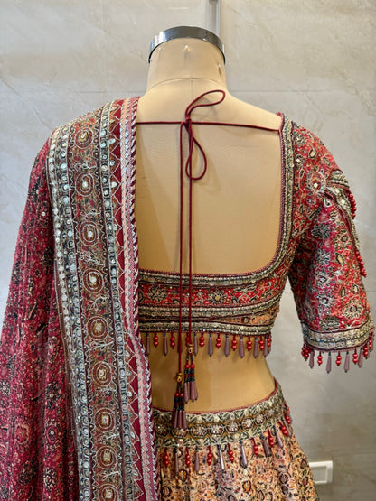 Red & Beige Silk Lehenga Set