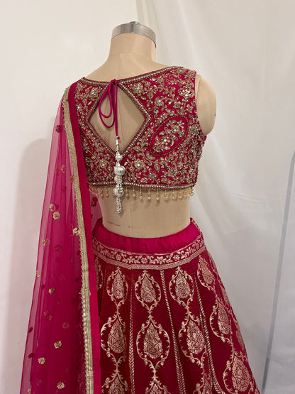 Rani Pink Zari Embroidered Lehenga Set