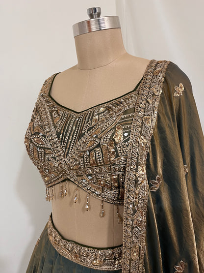 Olive Gold Embroidered Lehenga Set