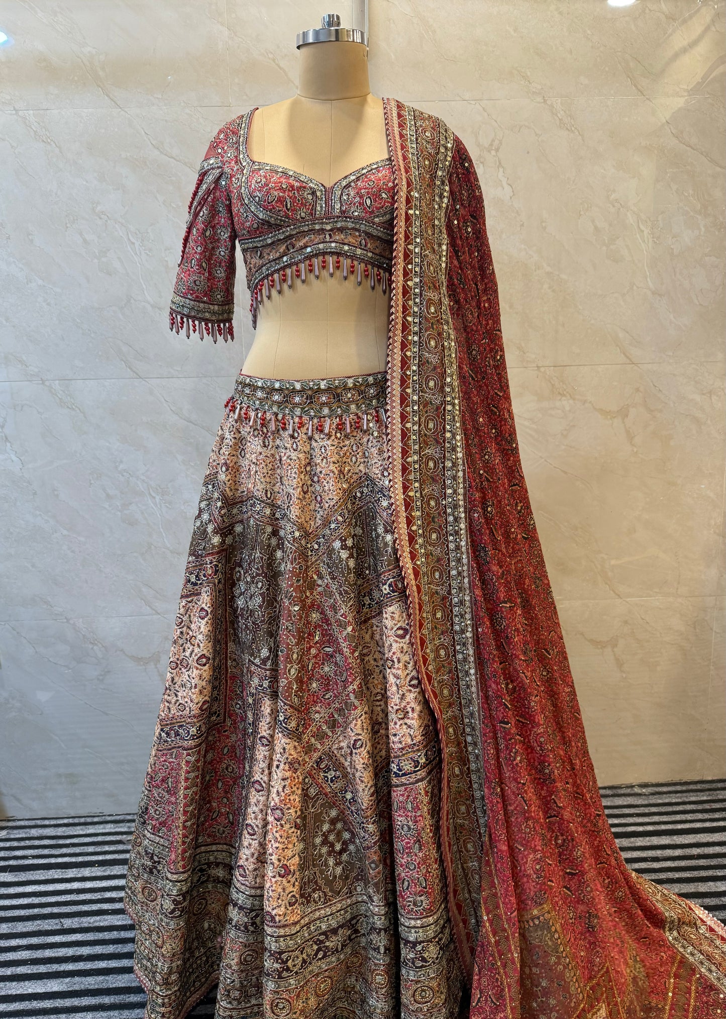 Red & Beige Silk Lehenga Set