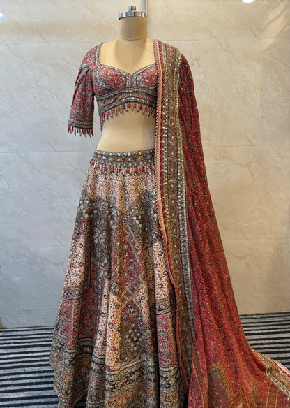 Red & Beige Silk Lehenga Set