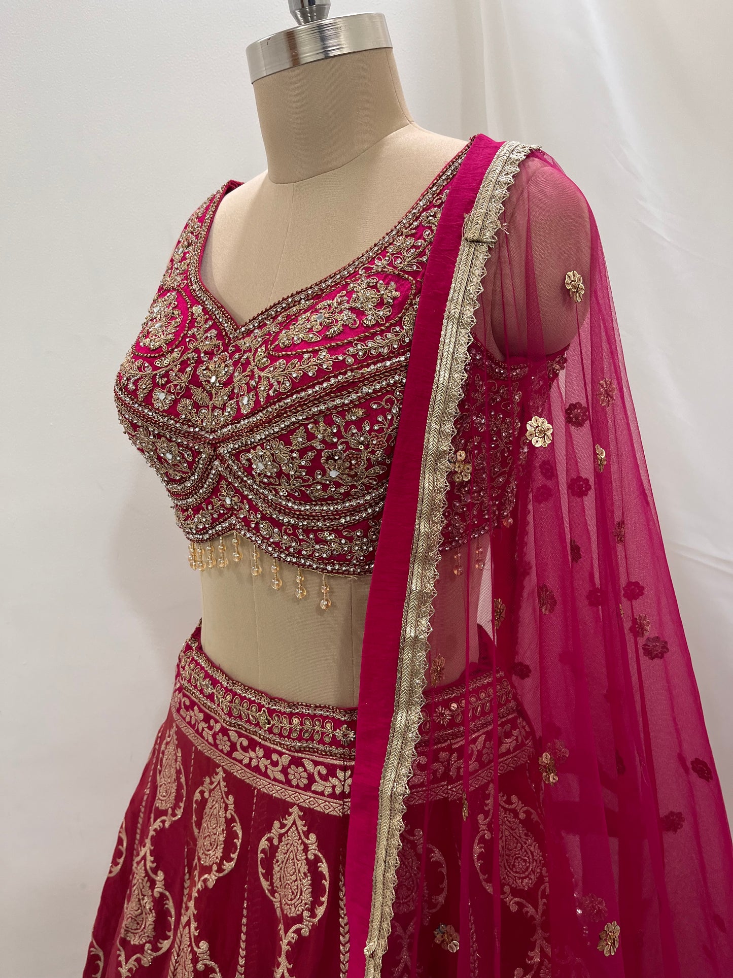Rani Pink Zari Embroidered Lehenga Set