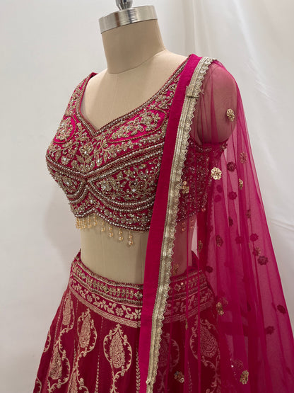 Rani Pink Zari Embroidered Lehenga Set