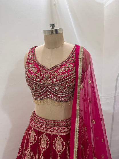 Rani Pink Zari Embroidered Lehenga Set