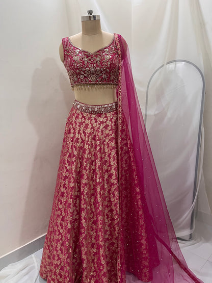 Rose Pink Zari Embroidered Lehenga Set