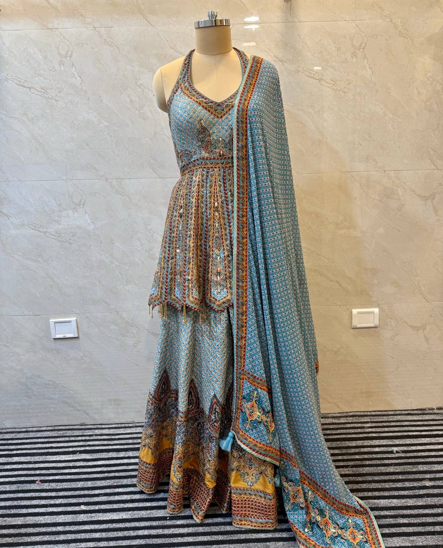 Blue & Yellow Silk Sharara Set