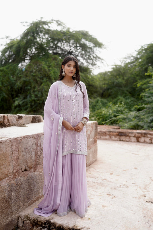 Mirror Embellished Lilac Georgette Sharara